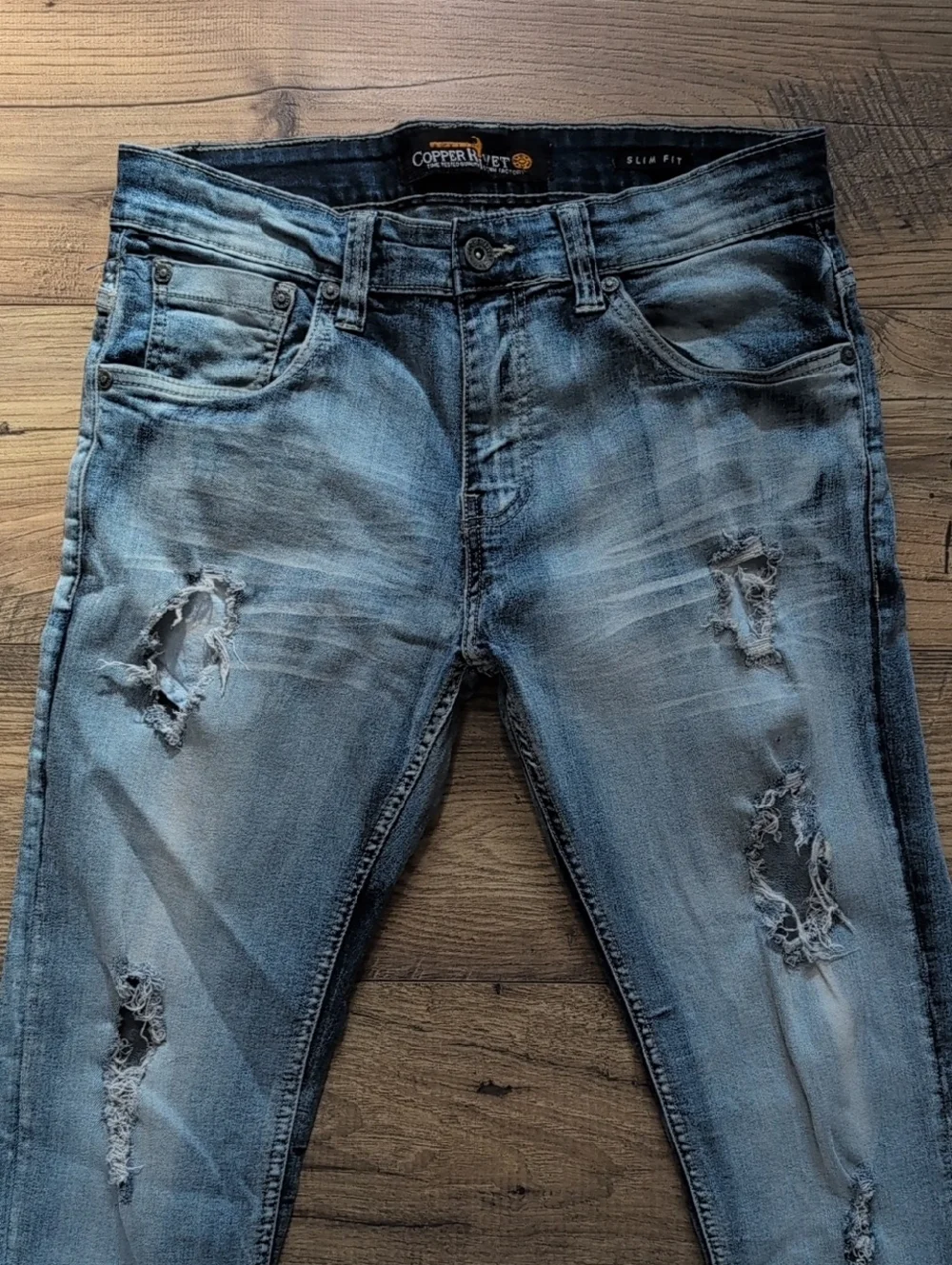 Copper Rivet Slim Fit Jeans, Distressed, Light Wash Blue Denim, Men's 32x32